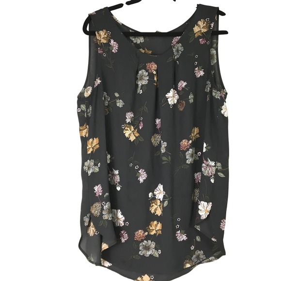 LOFT Tops - Loft Outlet Dark Floral Pleated Sleeveless Blouse Black Sheer XL 512555